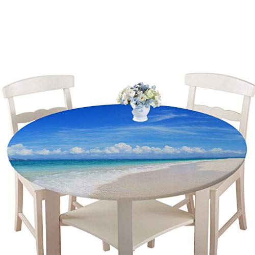 Round Tablecloths Waterproof Dust-Proof 3D Table Cloth, Treer Wipeable Polyester Table Cover with Elastic Edge Landscape Printing Table Protector for Kitchen Dining Party (Diameter 90cm,Beach)