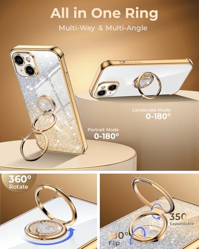 Image of XYZ for iPhone 13 Back Cover Case with Stand, Phone Case with Double Ring Kickstand, Women Girls Bling Luxury Glitter Clear Phone Case Cover Heart for iPhone 13, Gold