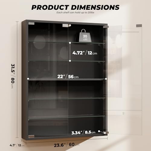 Image of Wall Display Case with Glass Doors, Sports Card Display Case | 6-Tier, Adjustable Glass Shelves, Shot Glass Display Case for Collectibles, Display Cabinet for Trading Cards, Black