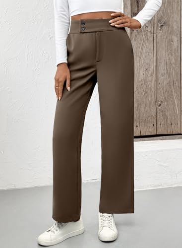 EVALESS Women's Elastic High Waist Straight Leg Pants Business Casual Work Pants Fall Button Down Office Outfits Trousers4