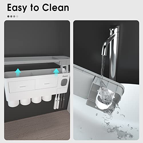 Ihave Toothbrush Holders For Bathrooms, 4 Cups Toothbrush Holder Wall Mounted With Toothpaste Dispenser, Large Capacity Tray, 2 Cosmetic Drawer And 7 Brush Slots With Cover Tooth Brush Holder #TOP6