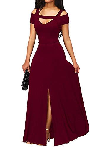 May Story Frauen Lange Prom Party Kleid Maxikleid V-Ausschnitt Kurzarm Front Schlitz Schulterfrei (Weinrot, XL EU48-50) Cover