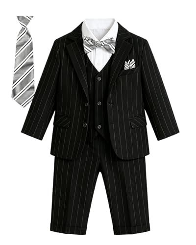 Image of Baby Boy Suits Formal Stripe Gentleman Tuxedo Suit Set Complete Dress Clothes Toddler Wedding Ring Bearer Outfit