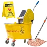 Matthew - Cubo de fregona comercial, incluye 2 cabezales de fregona con escurridor de presión hacia abajo en las ruedas, limpieza de suelos de alta resistencia con asa, cubo de fregona para el hogar,