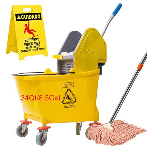 MATTHEW CLEANING 34Quarts Commercial Mop Bucket INCL.Wet String Mop with Down Press Wringer On Wheels,Industrial Heavy-Duty Floor Cleaning w/Handle, Mop Bucket for Home,Offices,Commercial, Restaurants