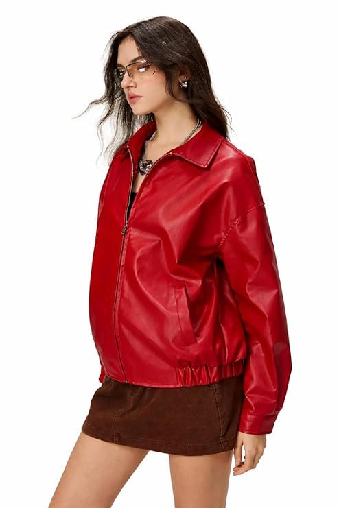 styleverse-stay in style Women's Red Faux Leather Bomber Jacket With Front Zip Closure For Casual Or Semi Formal Look-picture-13