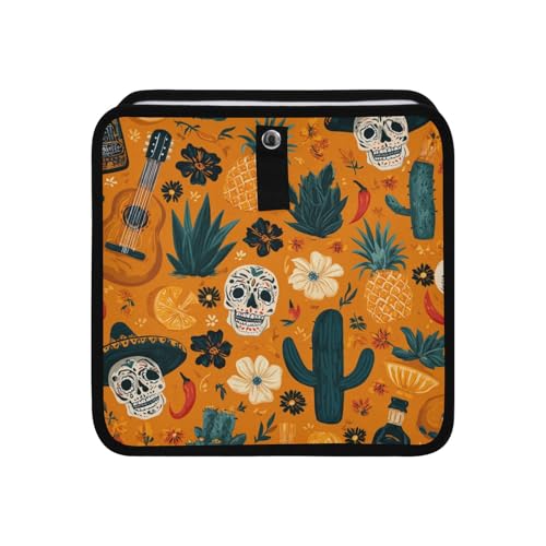 Image of Car Trash Can Organizer Bin with Adjustable Strap for Back Front Seat Console Waterproof Leakproof Collapsible Portable 11 Inch Orange Day Of The Dead Skull Cacti