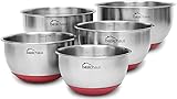 Basic Haus Non Slip Stainless Steel Mixing Bowls - Set of 5-1.5, 2, 3, 4 Quarts Plus a Large 5 Quart Bowl - Heavy Duty w/Red Silicone Bottom - Brushed Finish - Etched Measurement Marks - Stackable