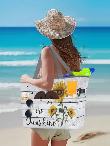 Mesh Beach Bag Oversized Tote Bags for Women Farm Sunflower Love Bee Large Travel Pool Bags with 8 Pockets3