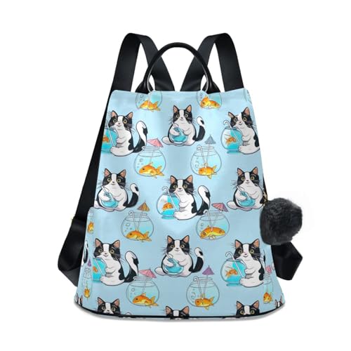 Sac à dos femme fermeture éclair bleu motif chat poisson rouge original