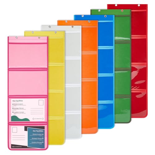 AHANDMAKER 7 Pack Pocket Chart 7 Color 4 Pockets PVC Classroom Wall Organizer for Teachers Homework Cards School Class Library Demonstrations Office Organization, 37.4 x 13 Inch