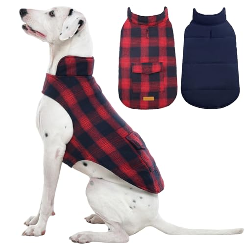 Kuoser Reversible Winter Coat, British Style Jacket for Medium and Large Dogs - Warm Windproof Puppy Cold Weather Clothes Vest, Red L L (Chest Girth: 20.9-24.4'') Red+Blue