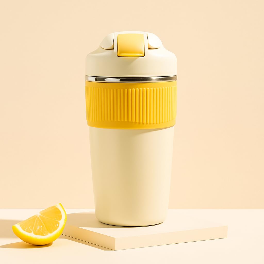 YELONA 480 ML Turmeric Macaron Insulated Coffee Tumbler with Inbuilt Straw and Sip Lid Leak Proof Double Wall Stainless Steel Reusable Travel Mug Flask Sipper for Hot Cold Drinks