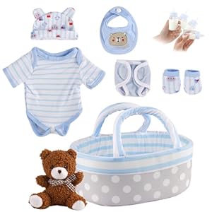 JIZHI 8 Pcs Baby Doll Clothes with Bassinet for 8-10-12 Inch Babydolls, Baby Dolls Clothes and Doll Accessories Set with Bear Toy fits Realistic Baby Doll Boy, Blue