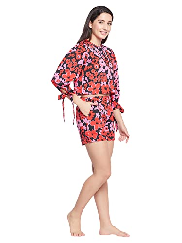 Image of Clovia Women's Crepe Floral Printed Top & Shorts Set - Red