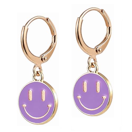 Image of Smiley Face Earrings Huggie Hoop Y2K Preppy Happy Lightning Bolt Heart Star Small Dangle Colorful Gold White Red Pink Yellow Blue Jewelry