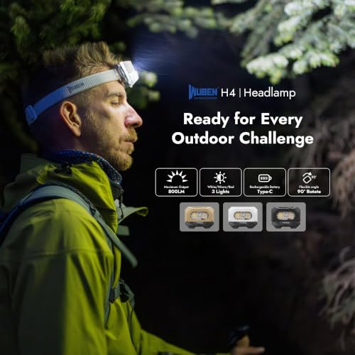 Image of WUBEN H4 LED Headlamp Rechargeable, 800 Lumens Super Bright Head lamp, IP68 Waterproof headlamp with Motion Sensor, Headlight Flashlight 10 Modes with Red Light, for Camping Fishing& Hiking Gear