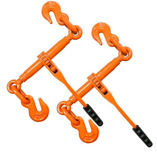 Image of Ratchet Chain Binders 3 /8 inch - 1 /2 inch (2 Pack) | Adjustable Load Binder with 2 Grab Hooks for G70 Transport Chain | 9,200 Lbs Safe Working Load - Orange