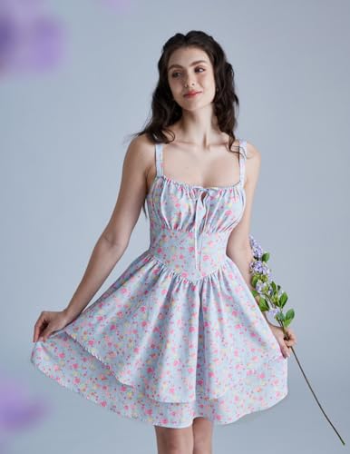 Image of Scarlet Darkness Floral Mini Corset Dress for Women Teen 2026 Summer Spring Flowy A-Line Sundress with Pockets