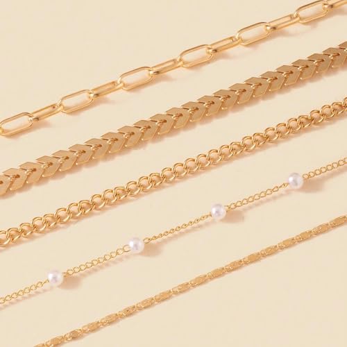 Fesciory 14K Gold Plated Ankle Bracelets Sets For Women, Adjustable Layered Infinite Anklet, Summer Beach Butterfly Star Foot Chain Jewelry Gifts (Pearl(Gold Plated)) - Thumbnail 6