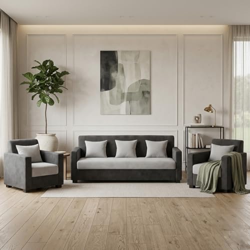 Image of FURNY Lexon 3 Seater + 1 Seater + 1 Seater Fabric Sofa Set (Dark Gray-Light Gray) with Velvet Finish | Durable Comfort | Ideal for Living Room
