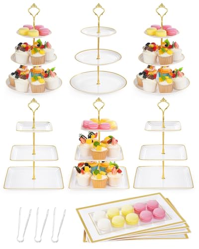 Lzerking 13pcs Dessert Table Display Set, 6 3-Tiered Cupcake Stands (3round & 3square) with 4 Trays & 3 Tongs, White Gold Plastic for Wedding, Tea Party, Baby Shower Decor, Birthday Party Decoration