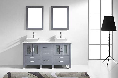 Virtu Usa Md-4305-S-Gr-001 Bradford 60" Double Bathroom Vanity In Grey With White Engineered Stone Top And Square Sink With Brushed Nickel Faucet And Mirrors, 60 Inches, Cool Gray #TOP2