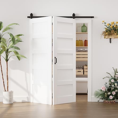 Image of 56 inchx80 inch White 5-Panels Bi-fold Barn Door Slab with 64 inch Track Kit Included