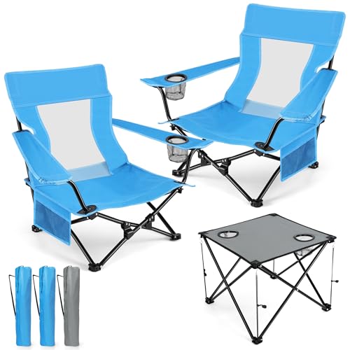 Image of HaSteeL Folding Beach Chair Set of 3, Foldable Blue Camping Chairs & Grey Table for Outside, Low Beach Chair Portable for Adults Fishing, Picnic, Outdoor BBQ, Travel, Sports, Cup Holder & Storage Bag