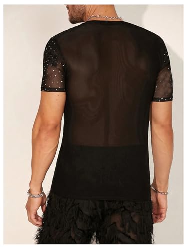 SweatyRocks Men's Rhinestone Sheer Mesh Short Sleeve Crew Neck T Shirts Party Tops2