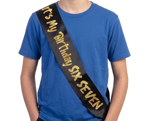 Sterling James Co. It's My Birthday SIX Seven Black & Gold Glitter Sash - Funny Birthday Sash for Him or Her - Party Decorations, Supplies and Gifts