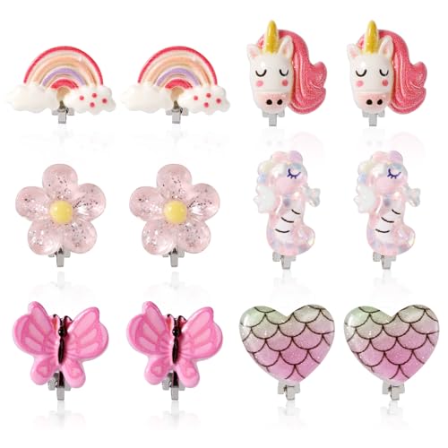 6 Pairs Clip on Earrings for Girls with 12pcs Ear Pads, Butterfly Rainbow Flower Unicorn Clip on Earrings Non Pierced Earrings Kids Earrings Girls Dress up Jewelry Gifts