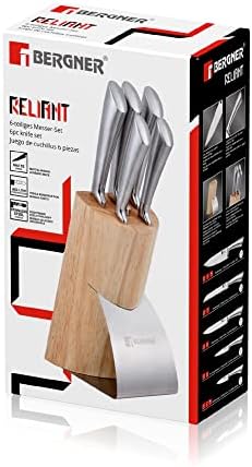 Bergner Set of 6 Stainless Steel Professional Kitchen Knives Set | 5 Knifes and 1 Wood Block | Ultra Sharp Blade | Modern Stylish Reliant Durable Ergonomic (20 Cm x 3), (12.5 Cm x 1) and (8.5 Cm x1)