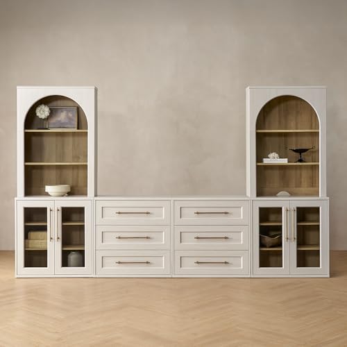 mopio Blake 4 Piece Entertainment Center with Storage Modern Farmhouse Modular Storage Cabinet Dresser TV Stand for up to 65 TVs Side Display Case (White Oak 4 Units + Hutch)