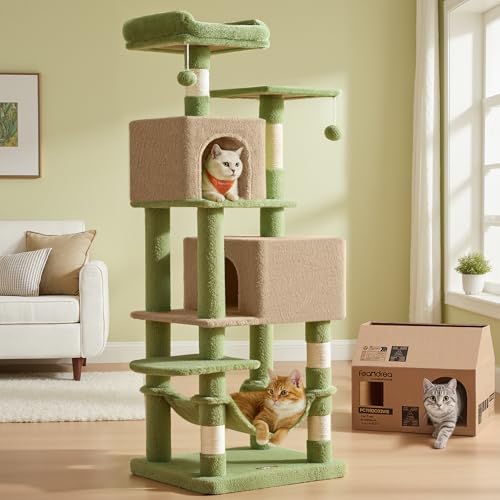 Image of Feandrea Cat Tree, 59.5-Inch Tall Cat Tower, Plush Multi-Level Condo with 5 Scratching Posts, 2 Perches, 2 Caves, Hammock, 2 Pompoms, Grass Green and Camel Brown UPCT192C03