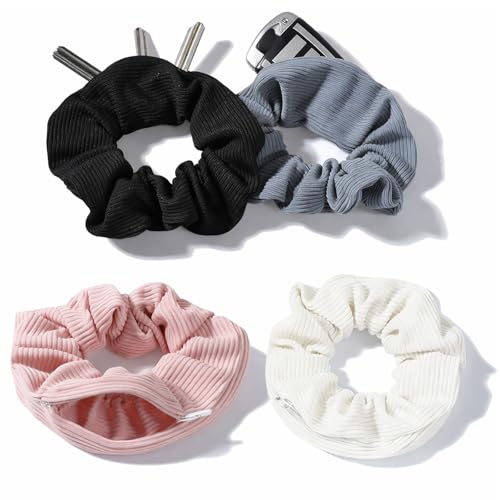 DOPENSPI 4PCS Pocket Scrunchies Hidden Zipper Scrunchie Stash Scrunchie Hair Ties Large Ponytail Holder Hidden Pocket Hairs Accessories for Women Girls All Hair