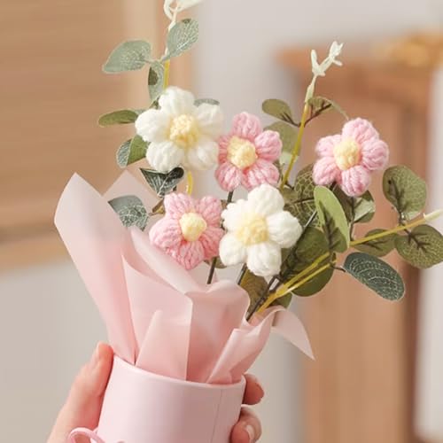 Image of TIED RIBBONS Artificial Crochet Flowers Bouquet (Pink, 7.9 Inch x 2.6 Inch) - Handmade Knitted Floral Arrangement with Decorative Leaves | Tabletop Home Decor, Desk, Valentine Day Gift for Girlfriend