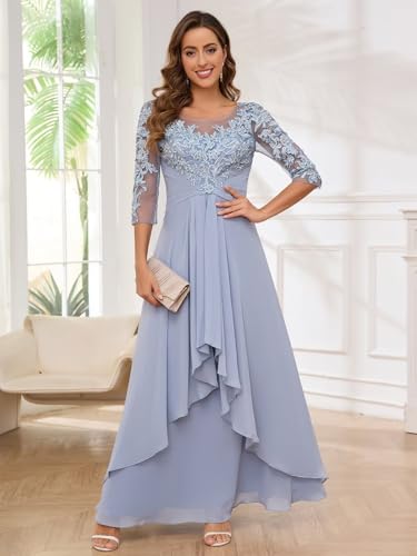 3/4 Sleeves Mother of The Bride Dresses for Women Lace Appliques Chiffon Formal Wedding Guest Dresses Ruched3