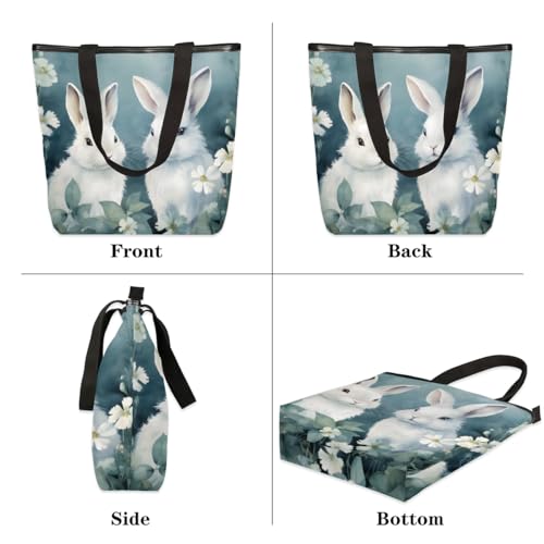 Bunny Rabbit Canvas Tote Bag for Women Large Tote Bag with Zipper & Pockets Canvas Beach Bag Shoulder Bag Reusable Shopping Bags Cute Tote Bags for Work Travel3