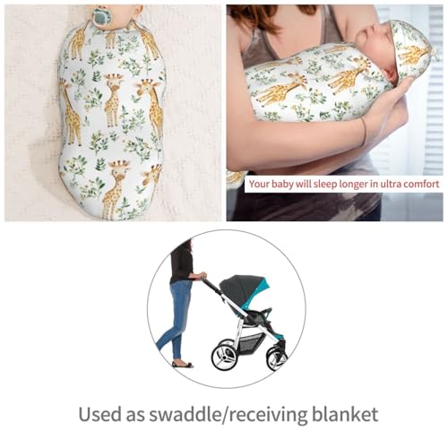 Image of Giraffe Watercolor Newborn Swaddle Blankets Hat Sets Soft Baby Receiving Blanket Swaddle Sack for Baby Shower Infant Boy Girl Gift