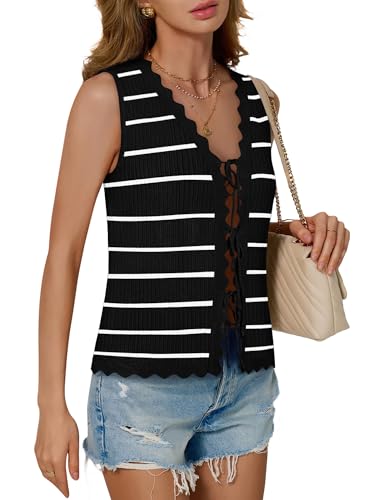 Image of COCCKO Womens Summer Tops Vacation Beach Outfits Cute Tie Front Crochet Vest Knit Sleeveless Sweaters