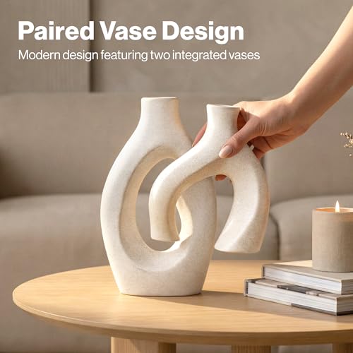 White Ceramic Vase Set of 2, Hollow Oval Flower Vases for Decor, Handmade Nordic Minimalist Ceramic Vase for Pampas Grass, Living Room, Farmhouse & Boho Home Decor, Housewarming Gifts - Image 5