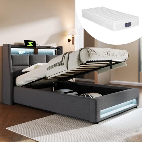 KUAKE Polsterbett 90x200 cm mit Matratze, Einzelbett mit Stauraum und Lattenrost, LED Kopfteil mit USB Ladefunktion, Stauraumbett Funktionsbetten Rückenlehne Bettgestell, Leinen KUAKE Polsterbett 90x200 cm mit Matratze, Einzelbett mit Stauraum und Lattenrost, LED Kopfteil mit USB Ladefunktion, Stauraumbett Funktionsbetten Rückenlehne Bettgestell, Leinen