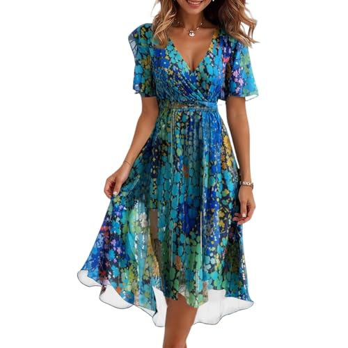 FlekmanArt Womens Boho Floral Printed Chiffon Dresses 2025 Elegant V Neck Belted Summer Wedding Prom Cocktail Midi Dress