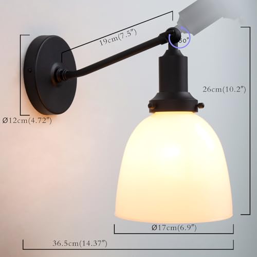 Image of PERMO Industrial Sconces Vintage Slope Pole Wall Mount Single Sconce with 6.7 inch Oval Dome Milk White Glass Shade Wall Light Fixture for Livingroom Bedroom