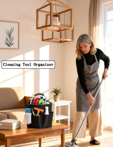 Image of Cleaning Caddy with Handle, for Cleaning Supplies Organizer Bucket | Foldable Storage Tote with 6 Pockets,17L Large Capacity Basket for Household Organizer,Laundry Room,Bathroom & Home