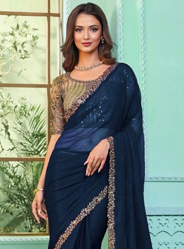 Image of Women's Bollywood Heavy Sequins Embroidery Work Georgette Saree with Unstitched Blouse