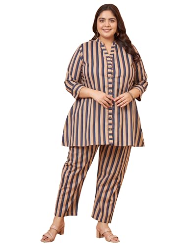 Image of Tissu Women's Plus Size Pure Cotton Blue Printed Shirt with Pyjama Co-Ord Set