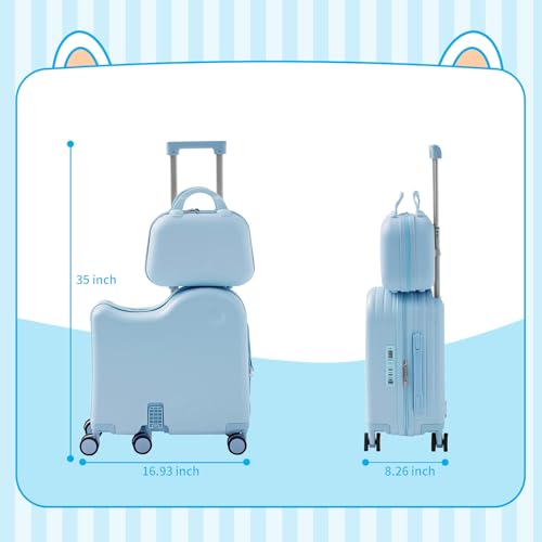 TABU Ride-on Luggage with Portable Bag for Kids，Hardshell Carry On Suitcase with Hidden Cup Holder, Foldable Pedal,Type-C & USB Interface, TSA Lock, 6-Spinner Wheels, Blue2