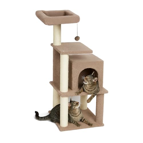 Amazon Basics Cat Tree Natural Sisal Rope with Three Floor Tower Furry Hanging Ball, Light Beige with White Rope (L)